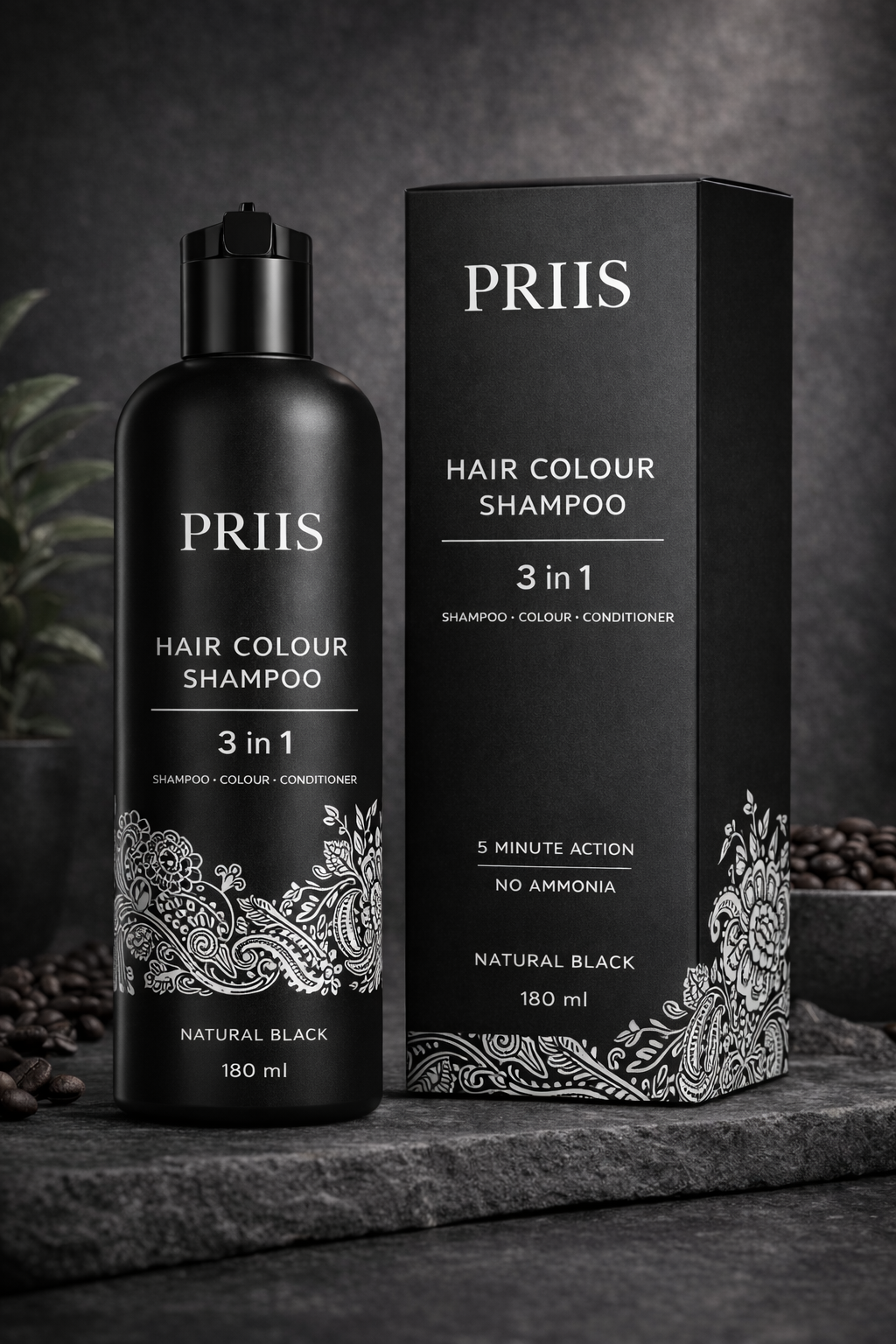 Hair colour shampoo bottle and box in studio view